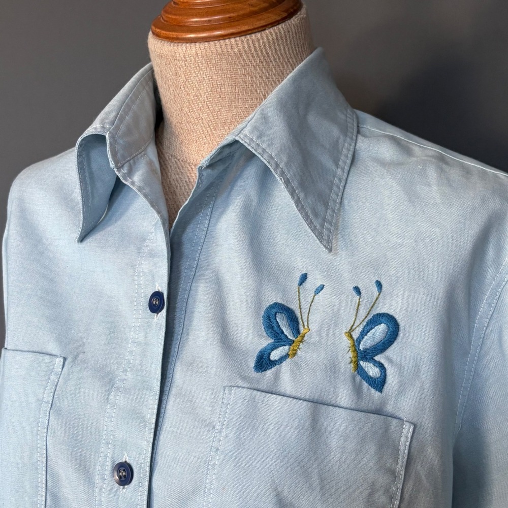 Vintage H. Cerda Hand Embroidered Butterfly Shirt | Mexican Folk Art | 1970s
